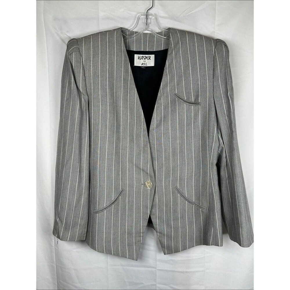 Kasper ASL Grey Pinstripe Jacket Women’s Size 14 Button Front Blazer Career